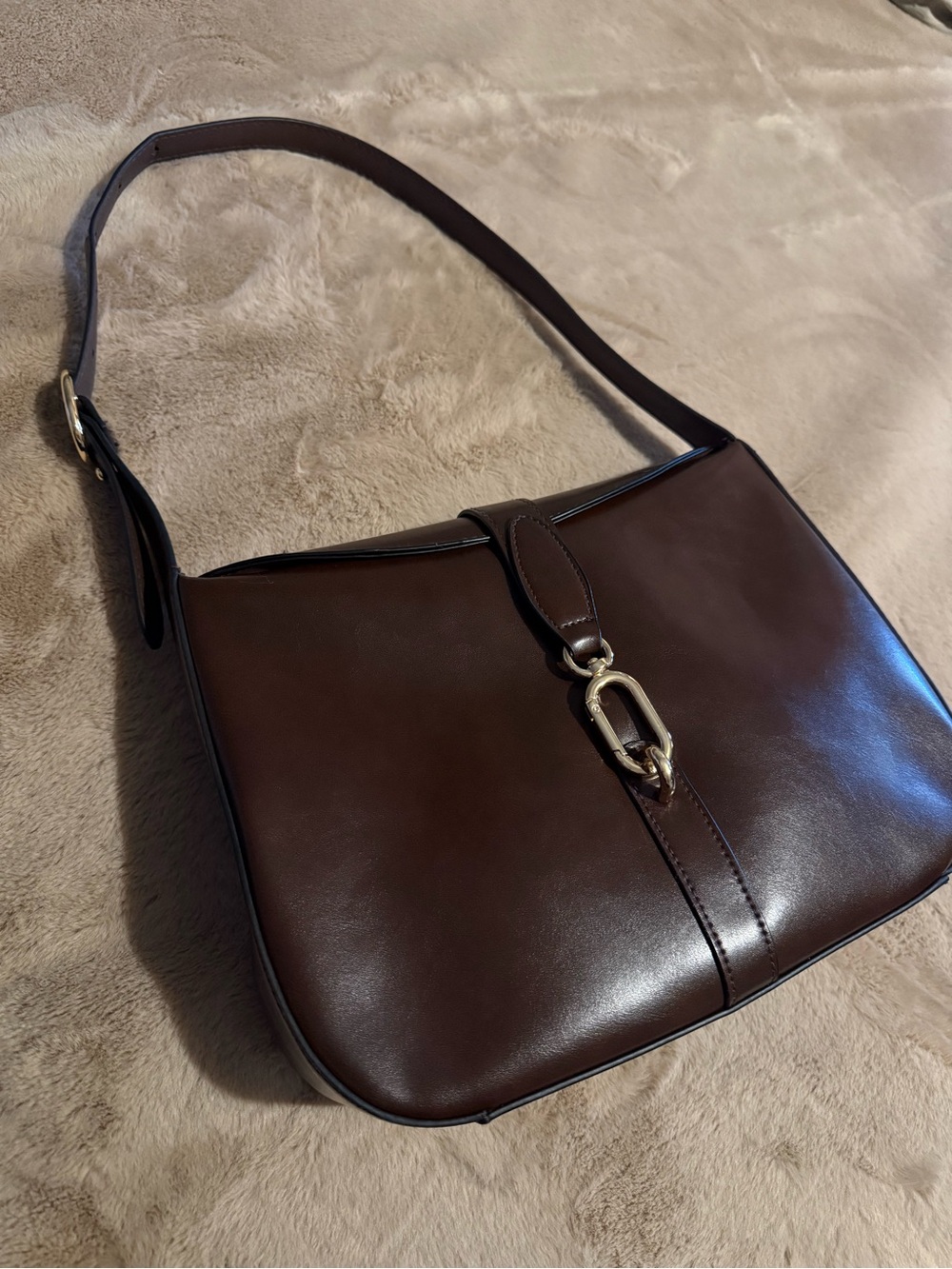 H&M Dark Brown Leather Shoulder Bag with Gold Accent